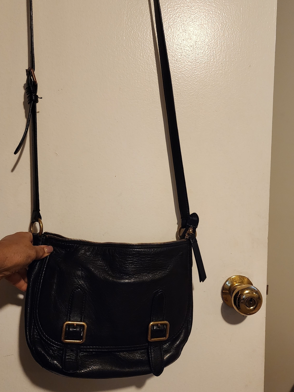 Black Leather Crossbody Bag with Gold Hardware